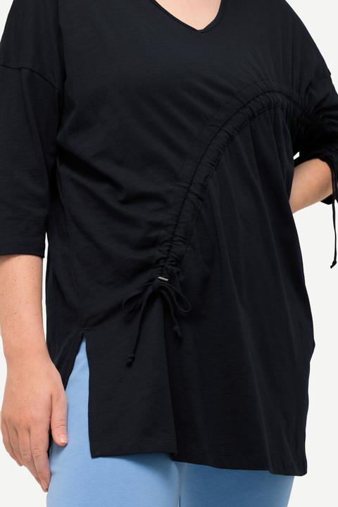 Immagine prodotto Ulla Popken Maglia in cotone biologico con laccetto per l'arricciatura, scollo a girocollo e maniche a 3/4 (50, 52)