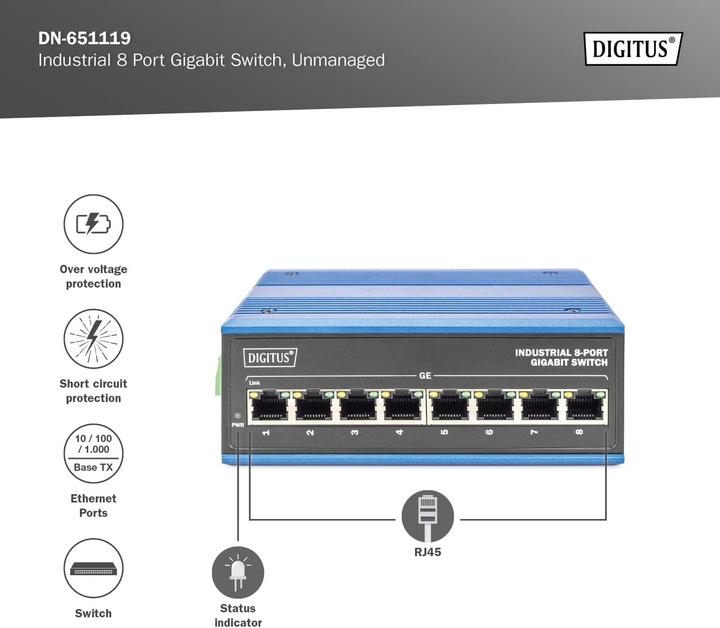 Productafbeelding Digitus Industriële 8-poorts Gigabit schakelaar (8 ports)