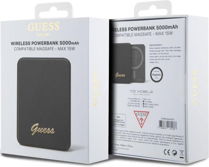 Produktbild Guess Powerbank indukcyjny 15W GUPBM5ALGSGK 5000mAh czarny/black MagSafe Metal Script Logo (5000 mAh, 15 W)