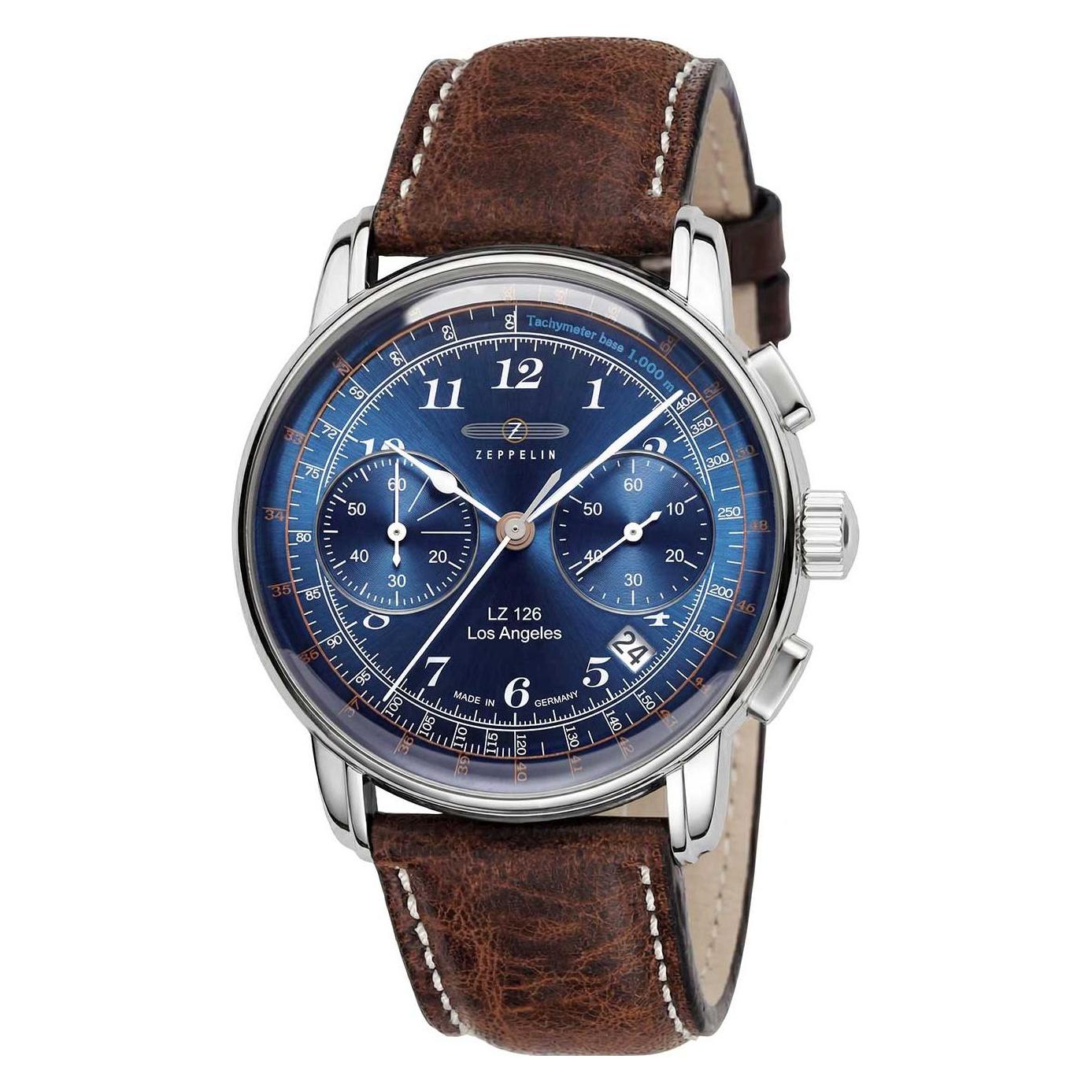 Zeppelin, Armbanduhr, LZ126 Los Angeles, Silber, Braun, Blau, (Analoguhr, Chronograph, 42 mm)