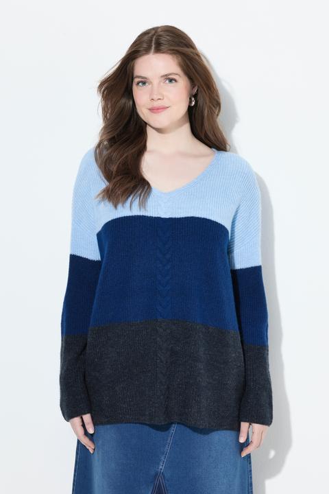Actual product image Ulla Popken Cable Knit Block Stripe V-Neck Sweater (46, 48)
