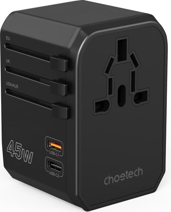 Actual product image Choetech PD6045 USB-C USB-A 45W GaN Travel Charger with US EU UK AU Plugs - Black (45 W)