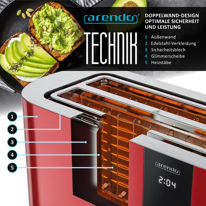 Image du produit Arendo Toaster Edelstahl 4 Scheiben Langschlitz, Bräunungsgrad & Restzeitanzeige, Touch Display, 1500 W
