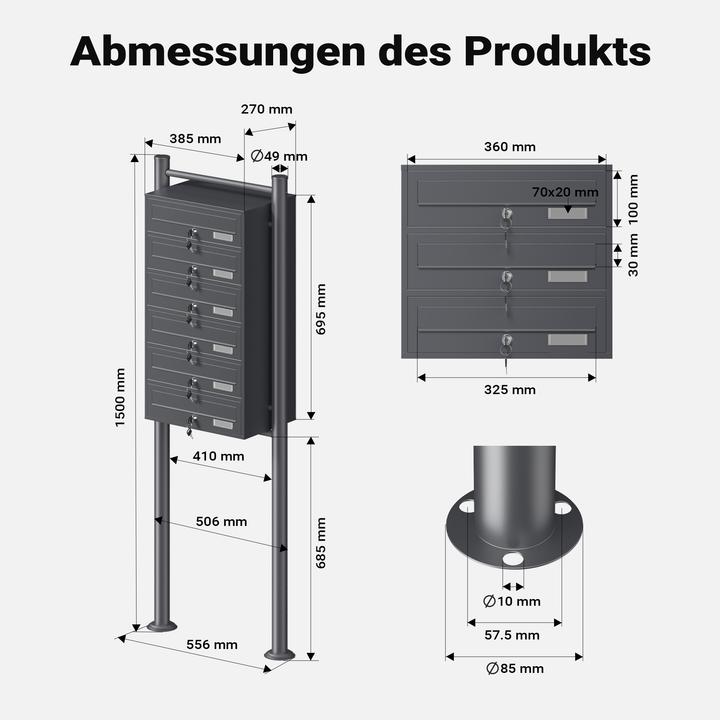 Actual product image Wiltec 6 letterbox system anthracite 270x513x1500mm letterbox Post