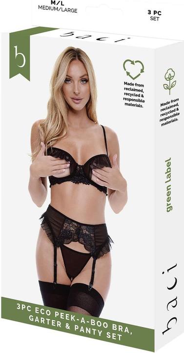 Produktbild Baci XGEN 3Pc Eco Peek-A-Boo Bra, Garter & Panty Set - Tempting Black Lace Lingerie Set - Size M/L (UK Si (M, L)