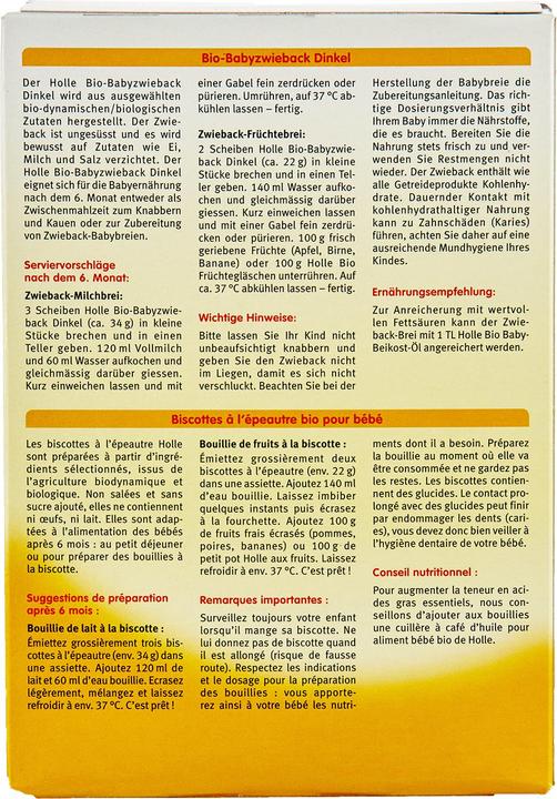 Valeurs nutritives et ingrédients Holle Épeautre bio (200 g)