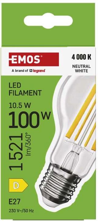 Produktbild Emos LED Lampe Filament A60 / E27 / 10,5 W (100 W) / 1521 lm / Neutral Weiss (E27, 10.50 W, 1521 lm, 1 x, D)