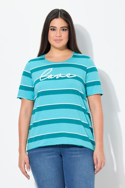Image du produit Ulla Popken T-shirt rayé avec broderie, décolleté rond et manches courtes, bords roulottés (56)