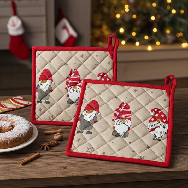 2er-Set Topflappen mit Weihnachts-Zwerg aus Baumwolle, 20 x 20 cm (Baumwolle)