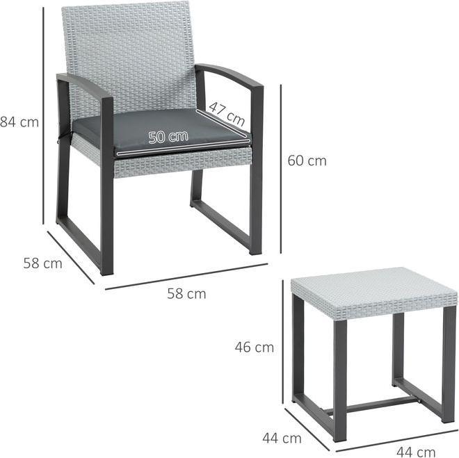 Produktbild Swisshandel24 Rattan Sitzgruppe mit Esstisch, für 2 Personen, 3-tlg., Stahl, Polyester, 58cmx58cmx84cm, Schwarz+Gr (44 cm)