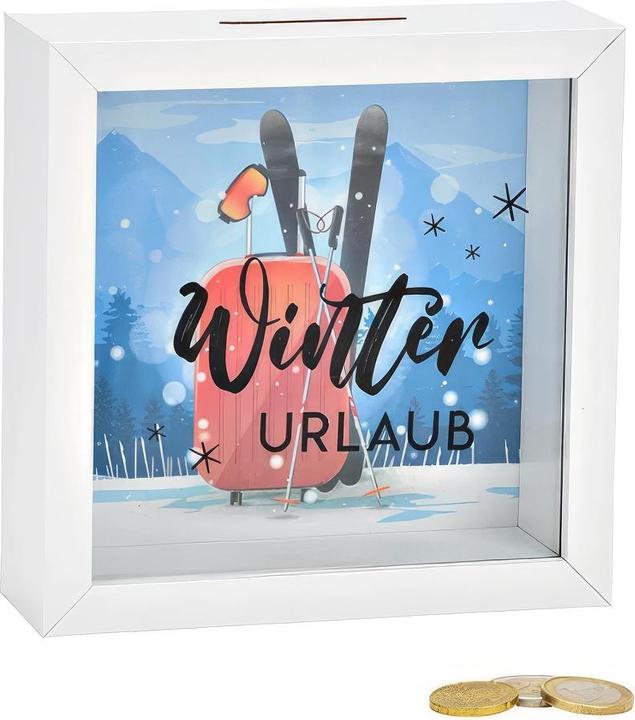 G. Wurm Spardose Winter URLAUB aus Holz, Glas Weiss (B/H/T) 15x15x5cm