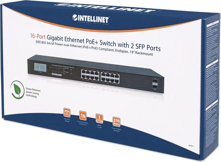 Actual product image Intellinet 16-port Gigabit Ethernet PoE+ switch with 2 SFP ports and LCD display (PoE+/PoE) 370 W Endspan 19 (16 Ports)