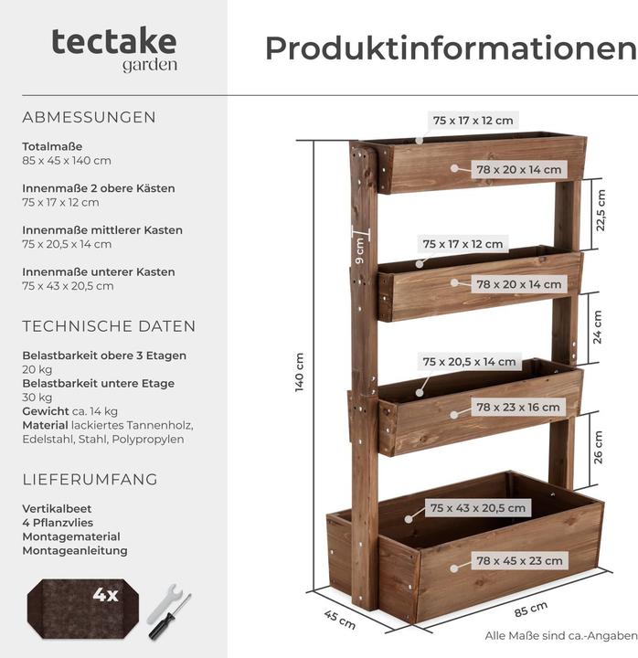 Immagine prodotto tectake Aiuola verticale Flora, legno verniciato, incluso tessuto non tessuto per piante