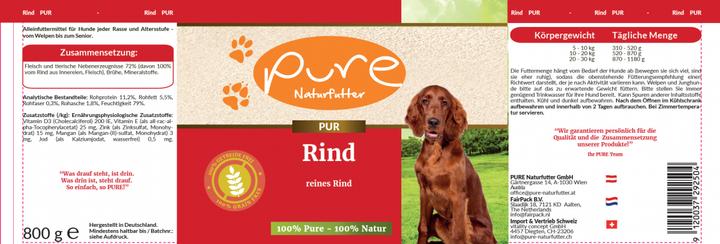 Nährwerte und Zutaten Pure Naturfutter Hundemenü PUR-Fleischdose Rind (Adult, 1 Stk., 800 g)