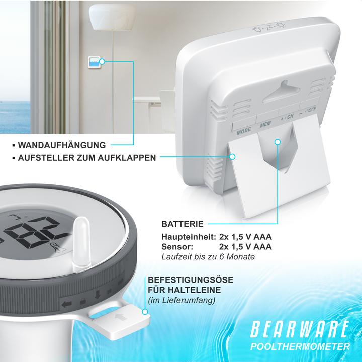 Image du produit Bearware Poolthermometer mit Schwimmer, Schwimmthermometer, Funkuhr, Raum- und Luftfeuchte, IP67 Wecker