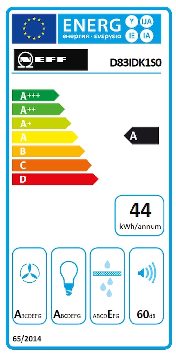 Energy Label Neff N 30, wall-mounted fair, 80 cm, clear glass black printed, D83IDK1S0 (Wall hood)