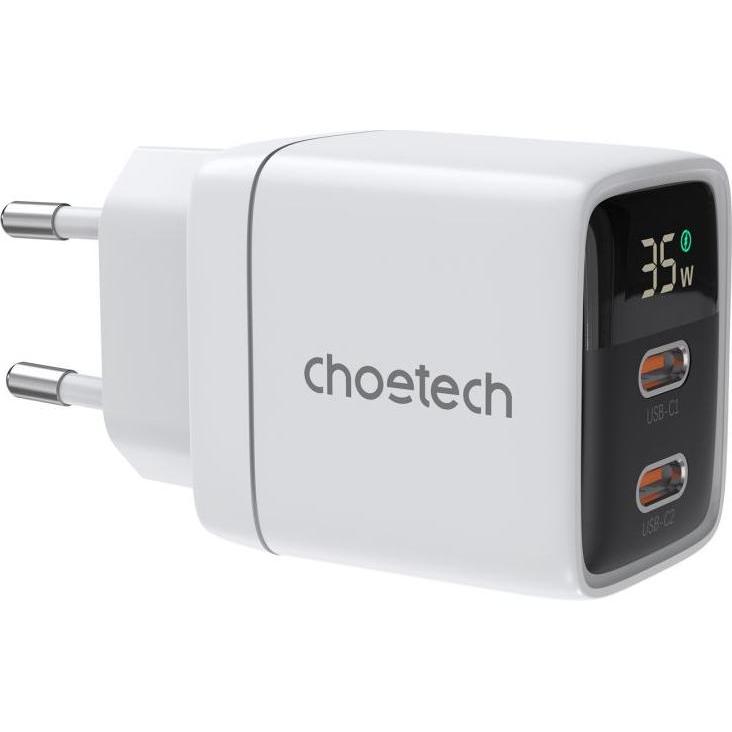 Choetech PD6051 2x USB-C PD 35W GaN Wandladegerät mit Display – Weiss (35 W), USB Ladegerät, Weiss