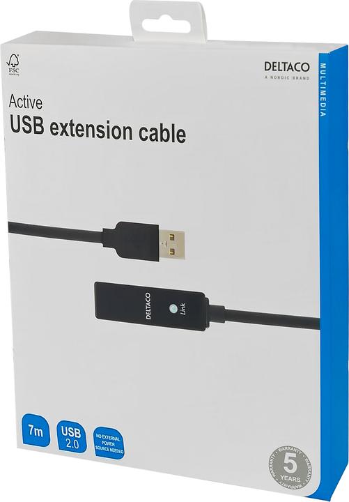 Actual product image Deltaco PRIME USB extension cable, active, USB 2.0, 7m, black (7 m, USB 2.0)