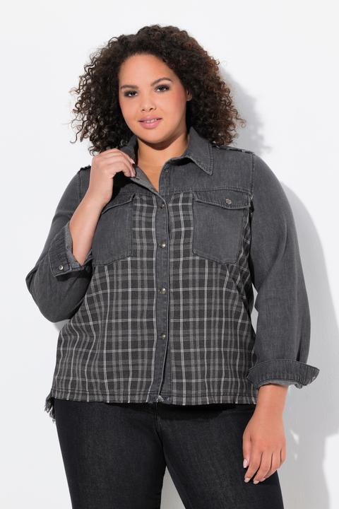 Immagine prodotto Ulla Popken Camicia di jeans con inserto in flanella, collo da camicia, frange e maniche lunghe (50, 52)