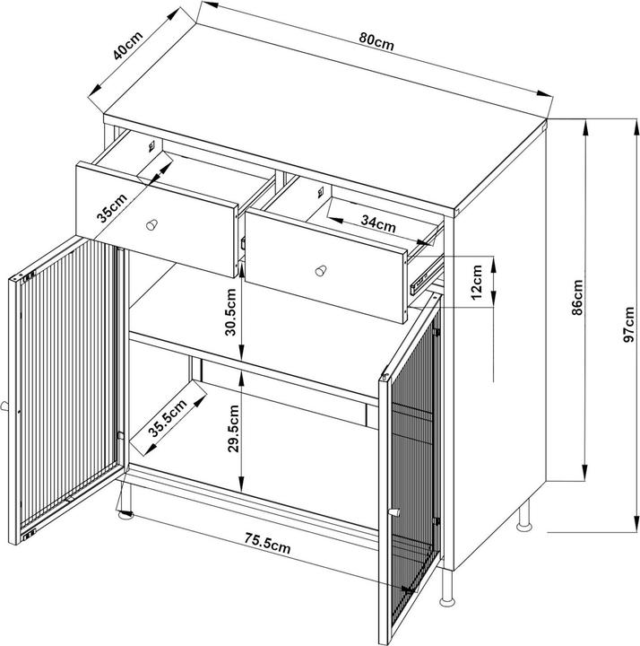 Image du produit En.Casa Sideboard Lindau Stahl 97x80x40 cm Cremeweiss (80 x 40 x 97 cm)