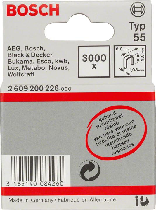 Produktbild Bosch Professional Zubehör Schmalrückenklammer Typ 55, geharzt 6 x 1,08 x 19 mm, 3000er-Pack