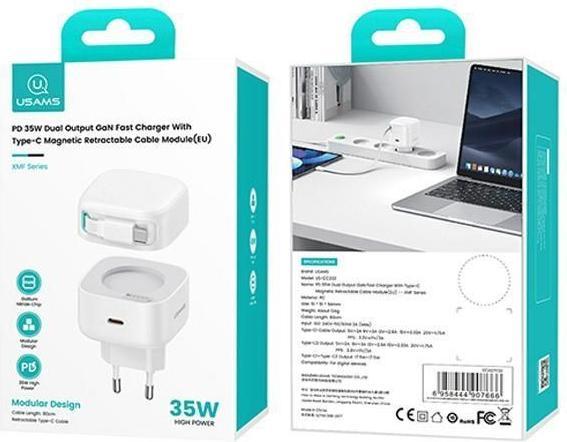 Produktbild Usams Ład. siec. 1xUSB-C ze zwijanym kablem USB-C (only head) PD+QC 35W Gan Fast Charging biały/whit (35 W)