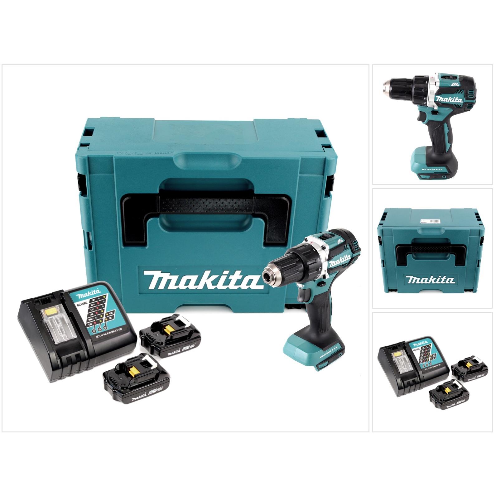 Makita, Bohrmaschine + Akkuschrauber, DDF 484 RAJ Akku Bohrschrauber 18 V 54 Nm Brushless + 2x Akku 2,0 Ah + Ladegerät +...