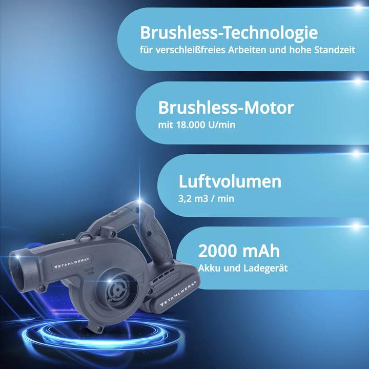 Produktbild Stahlwerk Mini Akku Gebläse MAG-20 ST - 20 Volt Akku-Laubbläser mit 2Ah, Tragbares Universalgebläse (Akkubetrieb, Laubbläser, Laubsauger)