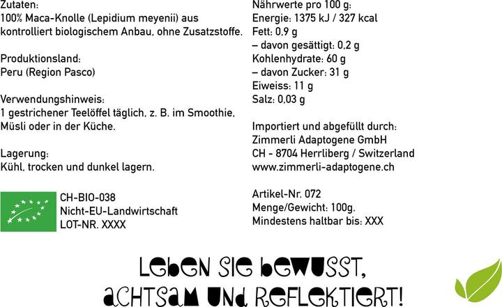 Image du produit Zimmerli Adaptogene Poudre de maca (BIO) (1 pièce(s), Poudre, 100 g)