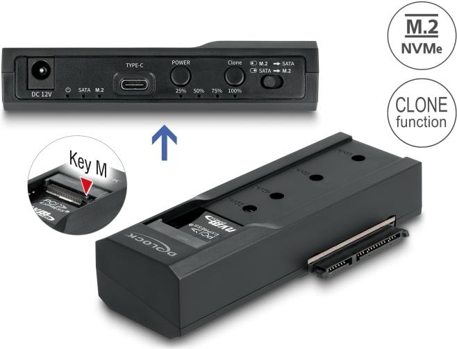 Produktbild Delock USB Type-C Konverter für 1 x M.2 NVMe SSD + 1 x SATA SSD / HDD mit Klon Funktion