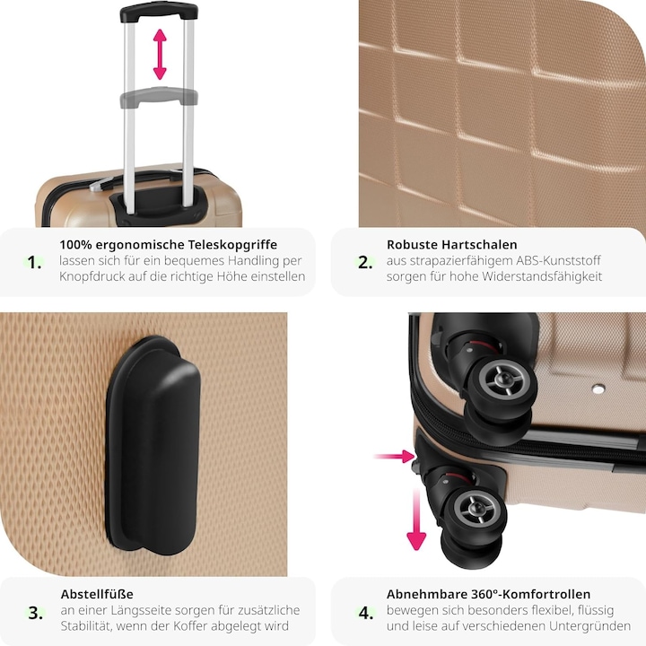 Produktbild tectake 800518 Reisekofferset 3-teilig, Champagner (98 l, M (50 - 90l), L (90 - 115l), XL (ab 115l))