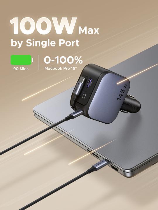 Actual product image Ugreen 2-Port Fast Charger 145W- Retractable Cable