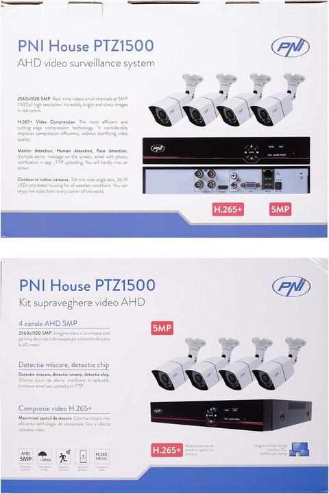 Immagine prodotto PNI Pacchetto di videosorveglianza AHD House PTZ1500 5MP - DVR e 4 telecamere da esterno (2560 x 1920 pixel)