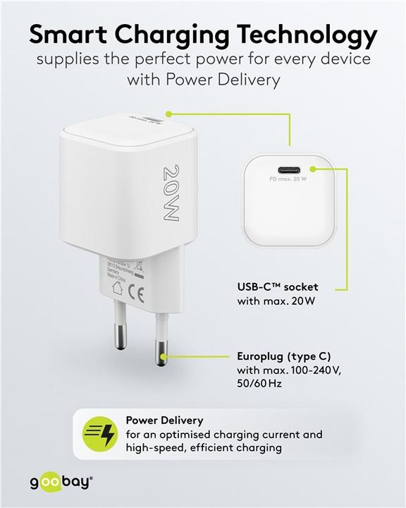 Immagine prodotto Goobay USB-C PD GaN Schnellladegerät Nano 20 W weiss (20 W, 1 porzione)