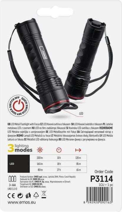 Immagine prodotto Emos Torcia LED in metallo, 330 lm, 3× AAA, FOKUS (12.80 cm, 330 lm)