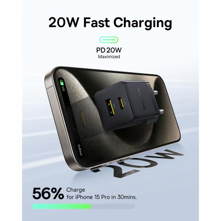 Image du produit Baseus Chargeur USB et USB-C Palm 20W UE noir (20 W, 2 ports)