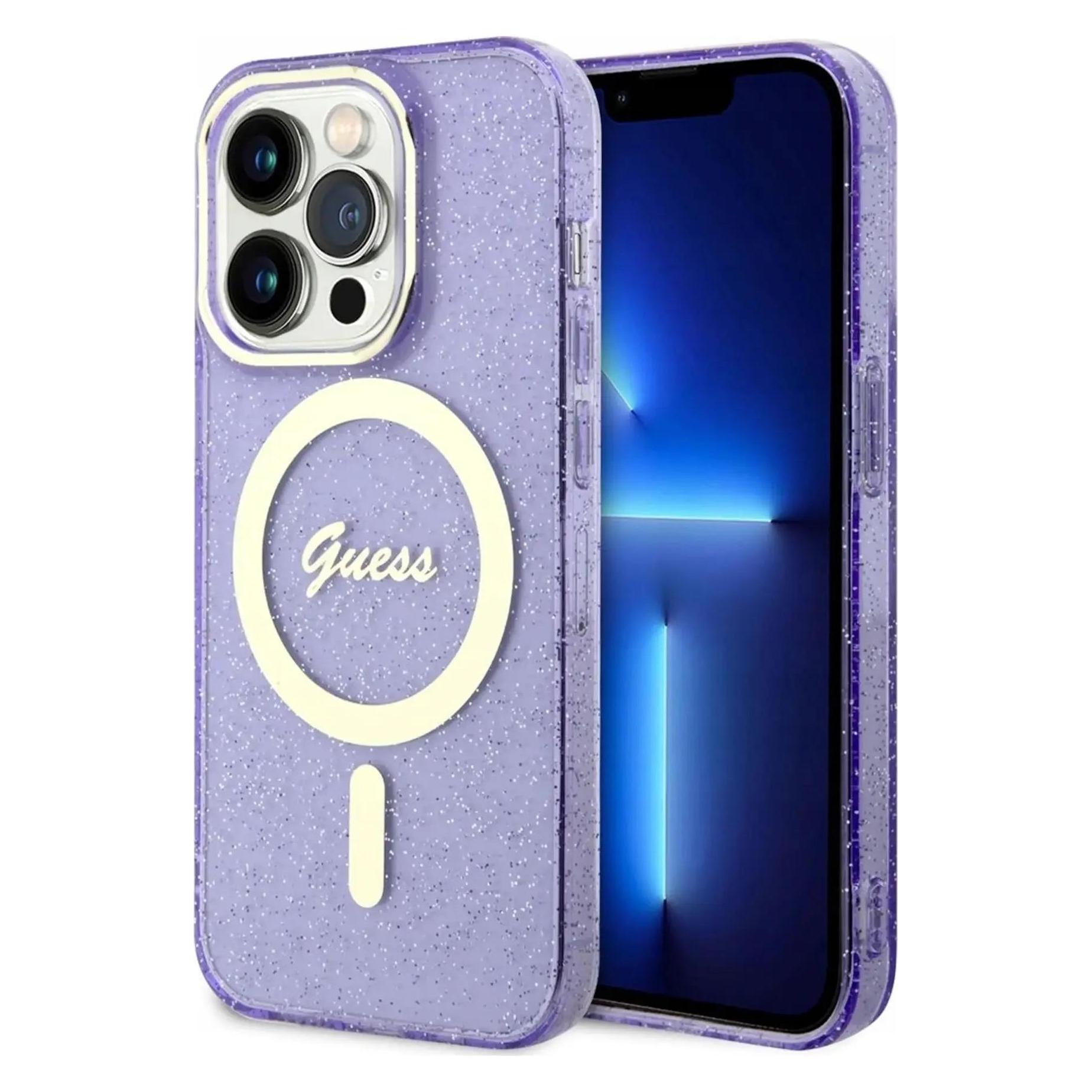 Guess IPhone 14 Pro 6.1 Hardcase Glitter Gold MagSafe (Apple IPhone 14 Pro), Smartphone Hülle, Violett