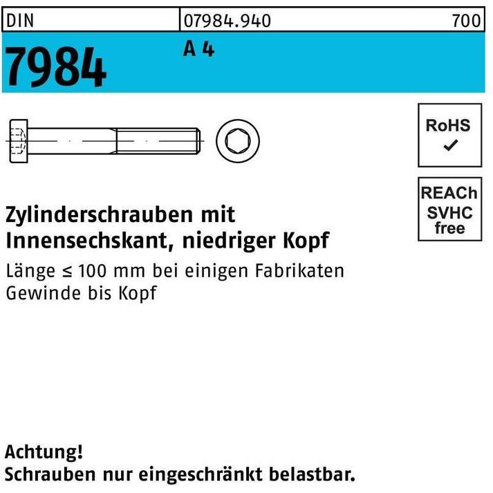 Schrauben, Zylinderschraube DIN 7984 m.Innensechskant M 16 x 40 A 4 (25 Schrauben pro Stück)