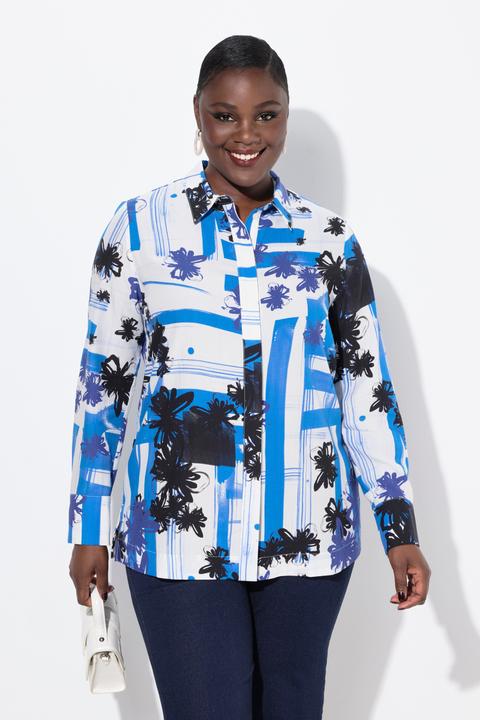 Produktbild Ulla Popken Lyocell-Bluse, grafisches Design, Hemdkragen, Langarm (60)