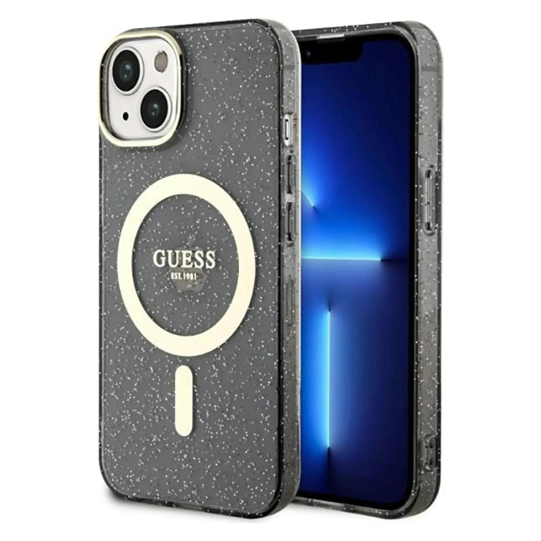 Guess GUHMP14MHCMCGK IPhone 14 Plus 6.7" Black/black Hardcase Glitter Gold MagSafe (Apple IPhone 14 Plus), Smartphone Hülle, Schwarz