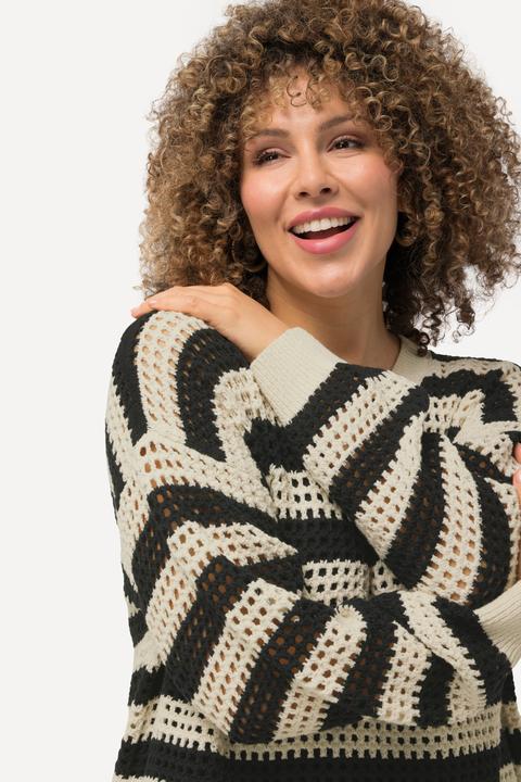 Produktbild Ulla Popken Häkelpullover, Streifen, Oversized, Rundhals, Langarm (46, 48)