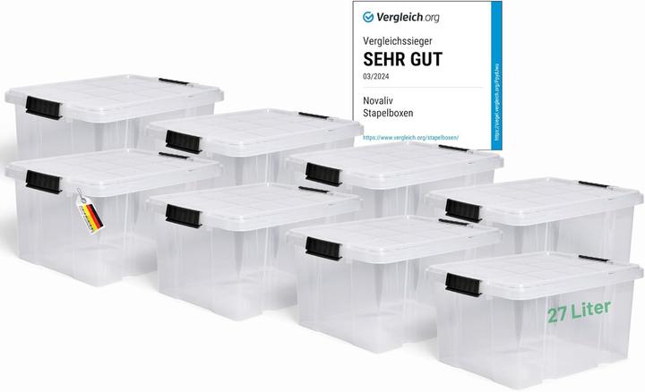 Immagine prodotto Novaliv 8x Aufbewahrungsboxen mit Deckel 27L transparente Nestbar stapelbare Storage boxes mit Clipv (46,5 x 36,5 x 24 cm, 27 l)