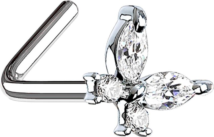 Produktbild Star Piercing Nasenstecker gewinkelt silber Schmetterling mit Kristallen silber (Messing, Chirurgenstahl 316L)