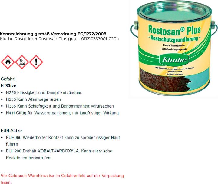 Nutritional values and ingredients Kluthe Rostprimer Rostosan Plus grau - 011210337001 (2500 ml, Grey)