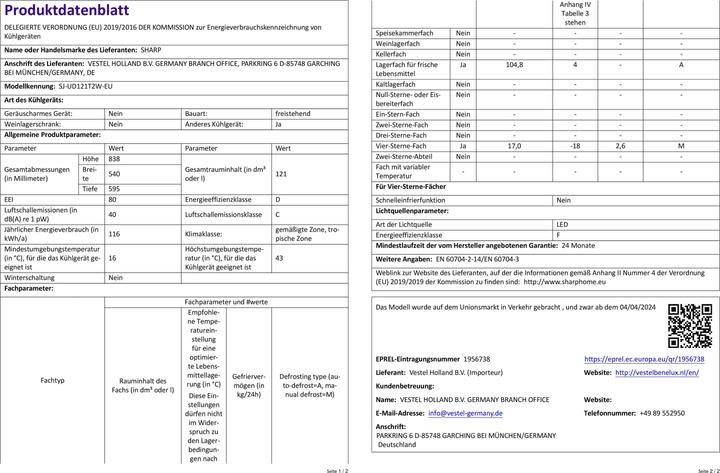 Produktbild Sharp SJ-UD121T2W-EU (121 l)