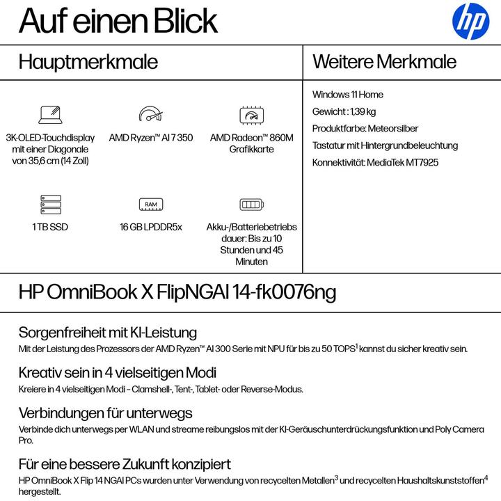 Nutritional values and ingredients HP OmniBook X Flip 14-fk0076ng (14", 1000 GB, 16 GB, Germany)