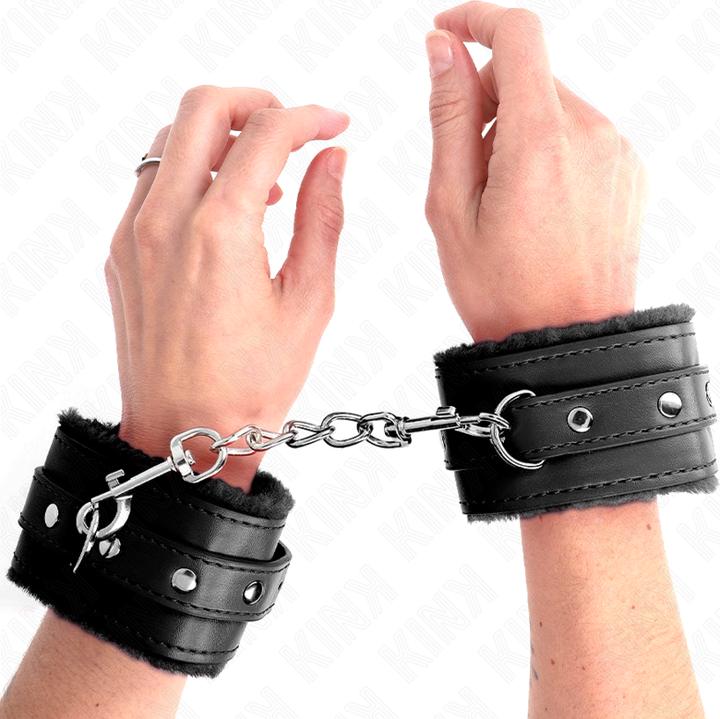 Actual product image Kink PREMIUM FURNISHED Wrist Cuffs BLACK WITH BLACK BELT ADJUSTABLE 17-29 CM