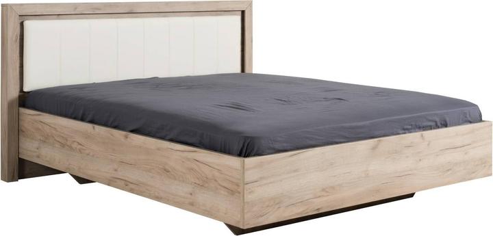 Produktbild Floki24 Doppelbett Holzbett Polsterbett Ehebett Bettrahmen mit Lattenrost Eiche Grau Kunstleder - Weiss, 160 (160 x 200 cm)