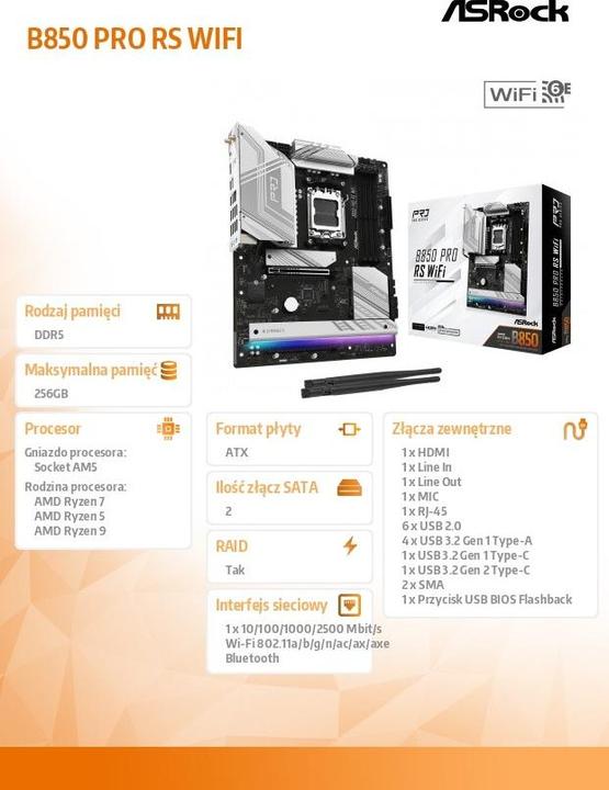 Produktbild AsRock B850 Pro RS WiFi (AM5, AMD B850, ATX)