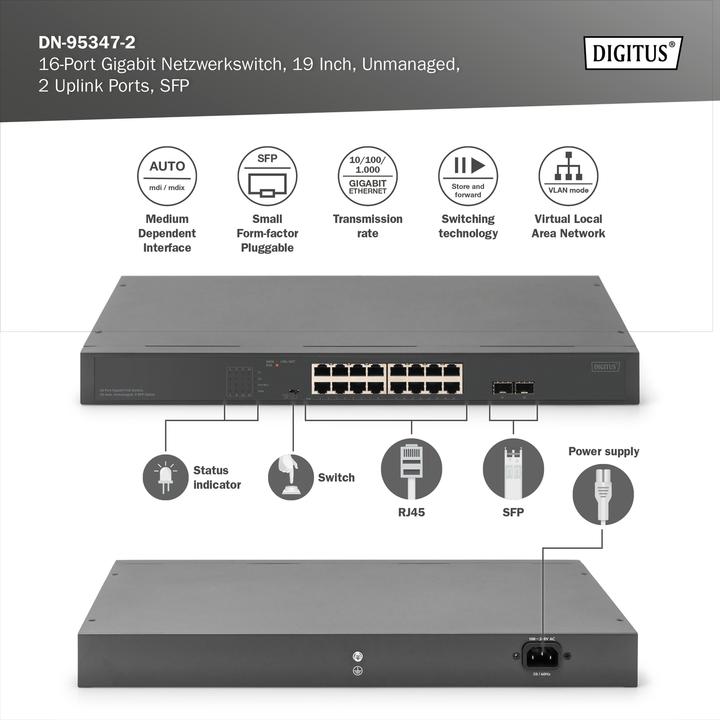 Actual product image Digitus 16-Port Gigabit Netzwerkswitch, 19 Zoll, unmanaged,2 Uplink Ports, SFP (16 ports)